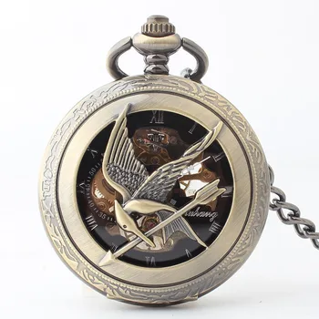 10 шт./лот, Лидер продаж, Механические карманные часы с выдолбленной бронзовой птицей, Черный циферблат, Мужские подарочные часы со скелетом Оптом