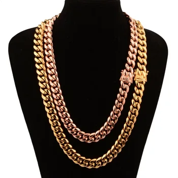 14 мм Хип-хоп Серебристый/золотой цвет/Розовое золото, кубинский браслет-цепочка из нержавеющей стали, или ожерелье, ювелирные изделия для мужчин, женщин, 7-40 дюймов