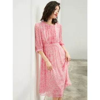 2023 Весна-лето, Женские длинные платья из высококачественной розовой ткани с принтом из 100% натурального шелка, Элегантные свободные платья с круглым вырезом.