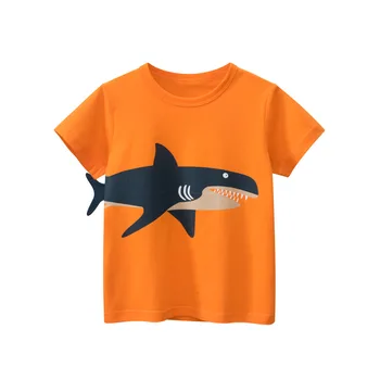 2023 Новая летняя одежда, футболка с принтом мультяшной акулы, футболки для мальчиков и девочек, хлопковые топы с короткими рукавами, детская одежда