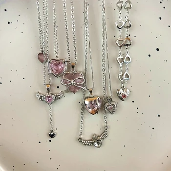2023 Роскошное дизайнерское ожерелье с розовым кристаллом в виде полого сердца Для женщин Серебряная цепочка Свадебные Нежные Женские эстетические украшения