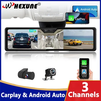 3 Камеры WIFI Dash Cam, беспроводной Carplay и Android Auto, Зеркало заднего вида с разрешением 1440P, GPS-навигатор, автомобильный видеорегистратор, запись видео, FM-передача
