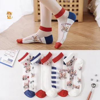 5 Пар Японских Корейских носков с милыми мультяшными женщинами-кошками, Прозрачные Шелковые Носки, Летние Дышащие Кавайные Мягкие Повседневные Милые платья для девочек Sox