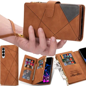 9 Слотов для карт, кошелек, кожаный чехол-книжка для Samsung Galaxy Z, карман для монет, 3 складки, 3 кармана, сумка на молнии