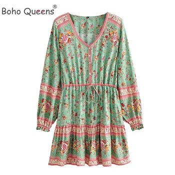 Boho Queens, Женские платья Happie с цветочным принтом и завязками на шее, женское богемное мини-платье из этнического хлопка с длинным рукавом