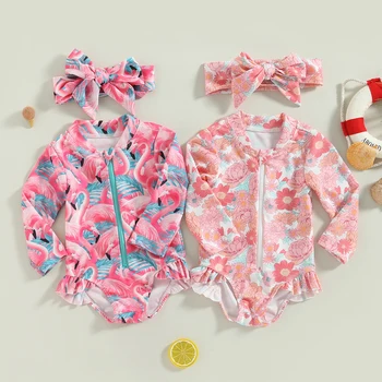 Citgeett Летний детский купальник для девочек, боди с фламинго/цветочным принтом, купальный костюм на молнии с длинным рукавом и головным убором