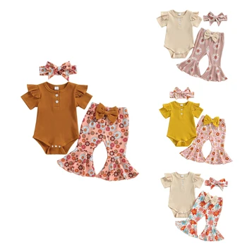 Citgeett, Летний комплект штанов для новорожденных девочек, комбинезон с коротким рукавом, расклешенные брюки с цветочным принтом и повязка на голову