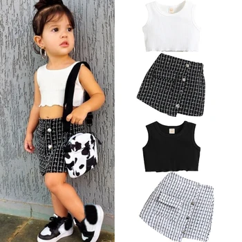 FOCUSNORM, комплекты летней одежды для маленьких девочек от 0 до 4 лет, однотонный жилет в рубчик без рукавов + нерегулярная клетчатая юбка на пуговицах