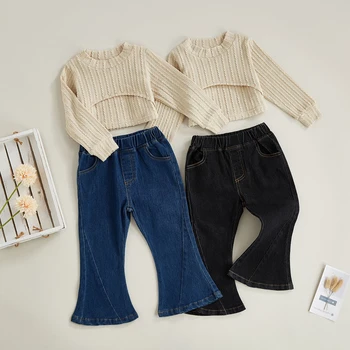 FOCUSNORM/ Модные Комплекты одежды для малышей и девочек от 1 до 6 лет, однотонные пуловеры с длинными рукавами в рубчик, топы + Жилет + Джинсовые расклешенные брюки