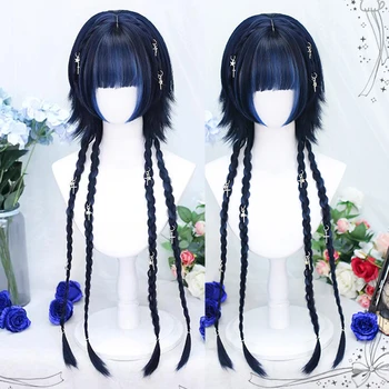 HOUYAN Синтетический синий мелированный черный парик с длинными прямыми волосами для девочек, кудрявый парик с челкой для косплея, Лолита, Термостойкая вечеринка