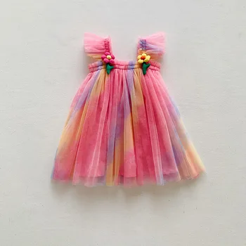Humor Bear 2023 Новое платье для девочек с летящими рукавами, яркое сетчатое платье в пляжном стиле, детская летняя одежда, одежда принцессы для девочек