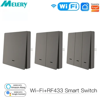 Melery WiFi Smart Life Настенный выключатель света RF433 Кнопочный передатчик Tuya App Пульт дистанционного управления Работает от Alexa Dot Google Home