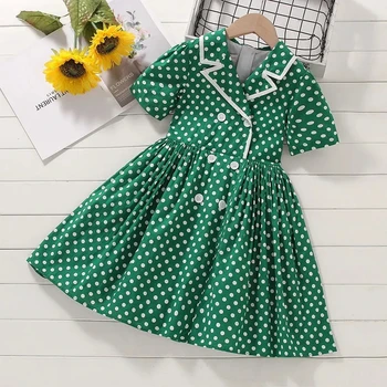 Menoea/ Летние платья для девочек-подростков, Зеленое детское платье в горошек с отложным воротником, платье для девочек, детская одежда для подростков, Vestidos от 4 до 13 лет