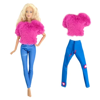 NK 1 комплект, Модное розовое пальто + синие брюки для куклы Барби, повседневная одежда, современный наряд, аксессуары для кукол для девочек