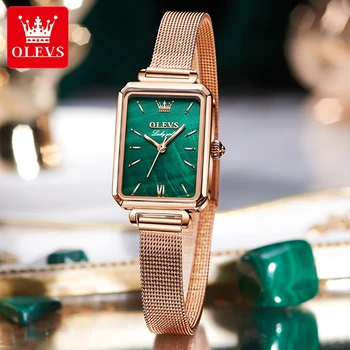 OLEVS, лидирующий бренд, Роскошные Квадратные кварцевые часы для женщин, зеленый циферблат, Розовое золото, Часы из нержавеющей стали, водонепроницаемые Модные часы
