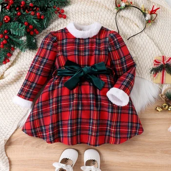 Prowow/ Детское рождественское платье для девочек, красное клетчатое платье принцессы с плюшевым воротником, детское новогоднее платье, рождественская одежда для малышей