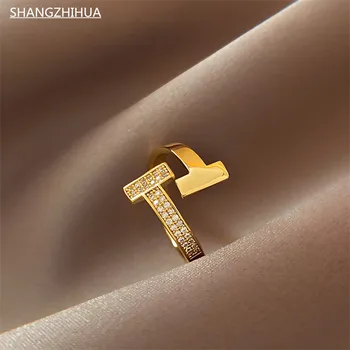 SHANGZHIHUA Classic Простая Буква T Роскошное Открытое Регулируемое кольцо с Цирконием Для женщин, Роскошный Необычный Подарок для вечеринки, ювелирные изделия