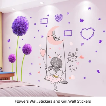 [shijuekongjian] Наклейки на стену с изображением мультяшной девочки, сделай САМ, Одуванчики, цветы, настенные наклейки для детских комнат, украшение дома в детской спальне