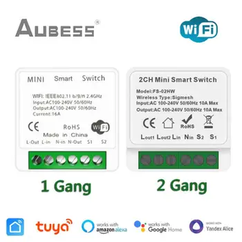 Tuya 16A 1/2 Gang Mini Wifi Switch Smart Life APP DIY 2 Канала Реле 2 Способа Управления Работа с Яндексом Алисой Alexa Google Home