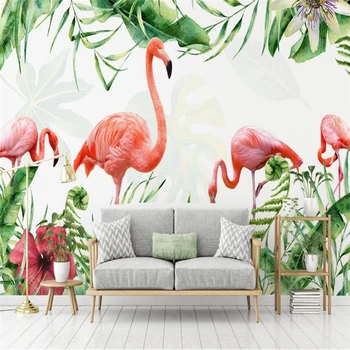 wellyu Простая ручная роспись тропических листьев фламинго, фон для телевизора, стена, большая фреска на заказ, обои из зеленой шелковой ткани