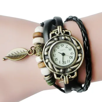 Women Watches 2022 Fashion Children Retro Leatherwinding Bracelet Leaf Pendant Watch For Women Reloj Mujer Часы Женские Наручные