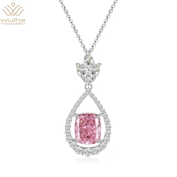 WUIHA Твердое серебро 925 пробы, Измельченный лед, 13-каратный Розовый сапфир, созданный драгоценным камнем Муассанитом, Свадебное ожерелье, изысканные ювелирные изделия