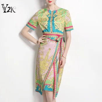 Y2K дизайнер одежды для взлетно-посадочной полосы, винтажное платье миди с эстетическим принтом, летнее бандажное платье с коротким рукавом, элегантное вечернее офисное платье femme
