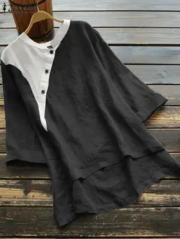 ZANZEA Летняя женская блузка с V-образным вырезом и рукавами 3/4, элегантная лоскутная рубашка, женская повседневная асимметричная блузка-сорочка 2023, туника, топы