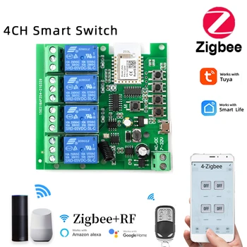 Zigbee Tuya Smart 4CH Релейный Модуль DC5V 7-32 В rf433 МГц Пульт Дистанционного Управления Выключателем Света Работает С Alexa Google Home Tuya Gateway Hub