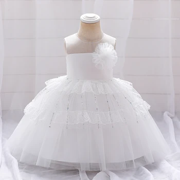 Белое платье для крещения новорожденных девочек, платья на день рождения 1 года, одежда для маленьких девочек, Летнее платье из цветочного тюля для младенцев