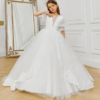 Белое прозрачное платье с короткими рукавами и кружевными аппликациями для девочек в цветочек на свадьбу, представление принцесс, День рождения, платья для первого причастия