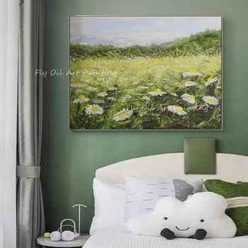 Большой размер, 100% ручная роспись, пейзаж в зеленом поле, простая картина маслом для украшения офиса и гостиной
