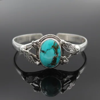 Браслет из античного серебра с цветами и синим натуральным камнем для женщин, простой роскошный браслет, богемные Модные женские украшения 2023 года.