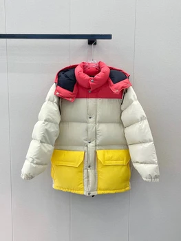 Высококачественная осенне-зимняя новинка 2022 года, классическая повседневная пуховая куртка контрастного цвета с вышивкой буквами, капюшоном