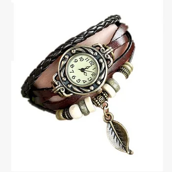 Девушка Женщины Старинные наручные часы лист Кулон Часы Браслет Кофейные наручные часы кварцевые Водонепроницаемые Элегантные relógios