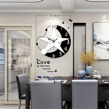 Декоративные бесшумные настенные часы Iron Art Creative для гостиной, черно-белая пятиконечная звезда с циферблатом высокой плотности