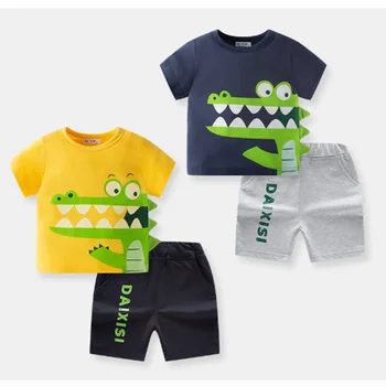 Детское лето 2022, новая корейская версия летнего костюма для мальчиков с трехмерным мультяшным динозавром, детский костюм-двойка tide