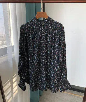 Женская новая однобортная блузка из вискозы с цветочным принтом в стиле ретро, женская плиссированная рубашка, топы с отложным воротником