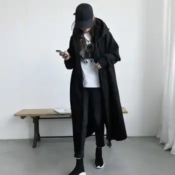 Женская Повседневная уличная одежда с открытой строчкой, флисовые тренчи без застежки, черный цвет, весеннее женское пальто, размер 6XL 150 кг