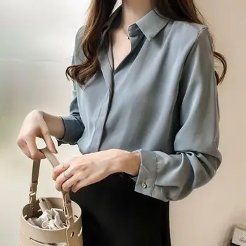 Женская рубашка, однотонная осенняя рубашка с длинным рукавом, шифоновая рубашка с отложным воротником, Темпераментная однобортная блузка для офиса