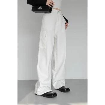 Женские белые комбинезоны, винтажные джинсы с широкими штанинами, модные мешковатые прямые брюки с высокой талией, уличные джинсовые брюки Осень L