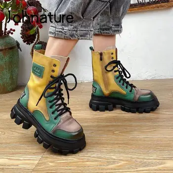 Женские ботинки Johnature из натуральной кожи, Новая зимняя обувь 2022 года, разноцветные ботинки на шнуровке для отдыха, Лаконичные ботинки на платформе ручной работы