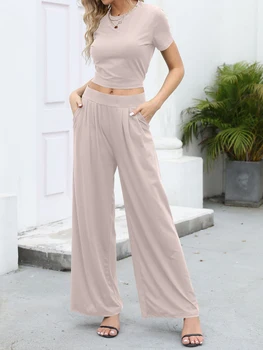 Женские летние пижамные комплекты из 2 предметов, однотонные топы с коротким рукавом и круглым вырезом + Длинные брюки, комплект одежды для отдыха