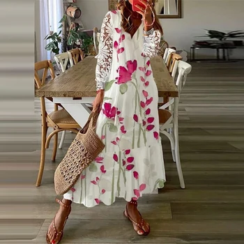 Женские повседневные Свободные складки, Пляжные платья в стиле бохо, Весенний цветочный принт, платье-халат с V-образным вырезом, Модное кружевное платье с длинным рукавом для вечеринок