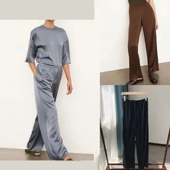 Женские шелковые длинные брюки с эластичным поясом и завязками - Женские прямые повседневные длинные брюки