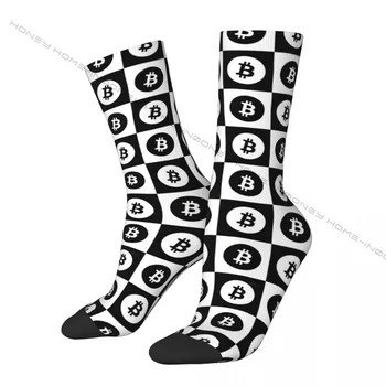 Забавный мужской носок с рисунком биткоина, клетчатый черно-белый значок криптовалюты Harajuku, бесшовный мужской носок с принтом