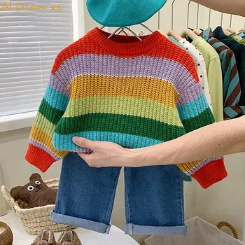 Зимний свитер в разноцветную полоску для маленьких девочек, одежда 2023 года, осенняя детская одежда для девочек, пуловер, вязаные детские свитера
