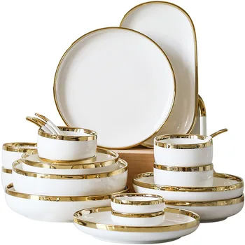 Золотая инкрустация в скандинавском стиле, ярко-белые фарфоровые обеденные сервизы, Керамическая чаша, набор тарелок, фарфоровая посуда для домашнего использования, отель
