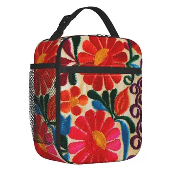 Искусство вышивки Мексиканскими цветами, изолированная сумка для ланча, школьный текстиль, цветочный фольклор, Портативный термохолодильник, ланч-бокс для женщин и детей