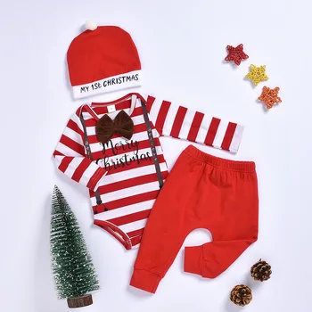 Комбинезон для мальчика с длинным рукавом, джентльменский галстук-бабочка, брюки в полоску, Рождественский абзац, красный костюм, шляпа, 3 предмета, комплект из 3 предметов